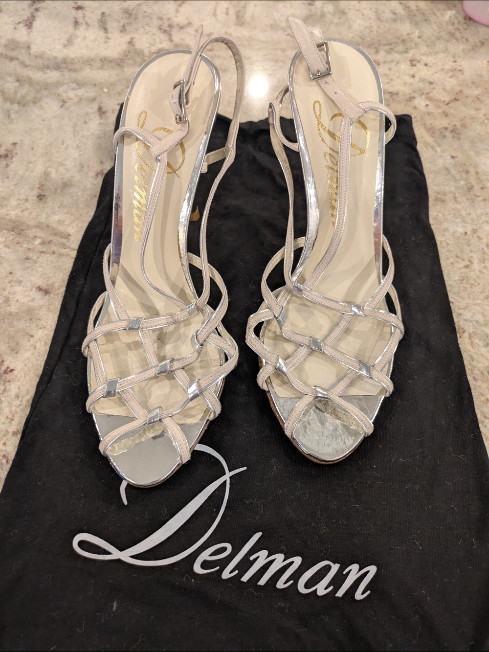 Never Been Worn. Delman Silver Strappy Slingback Sandals